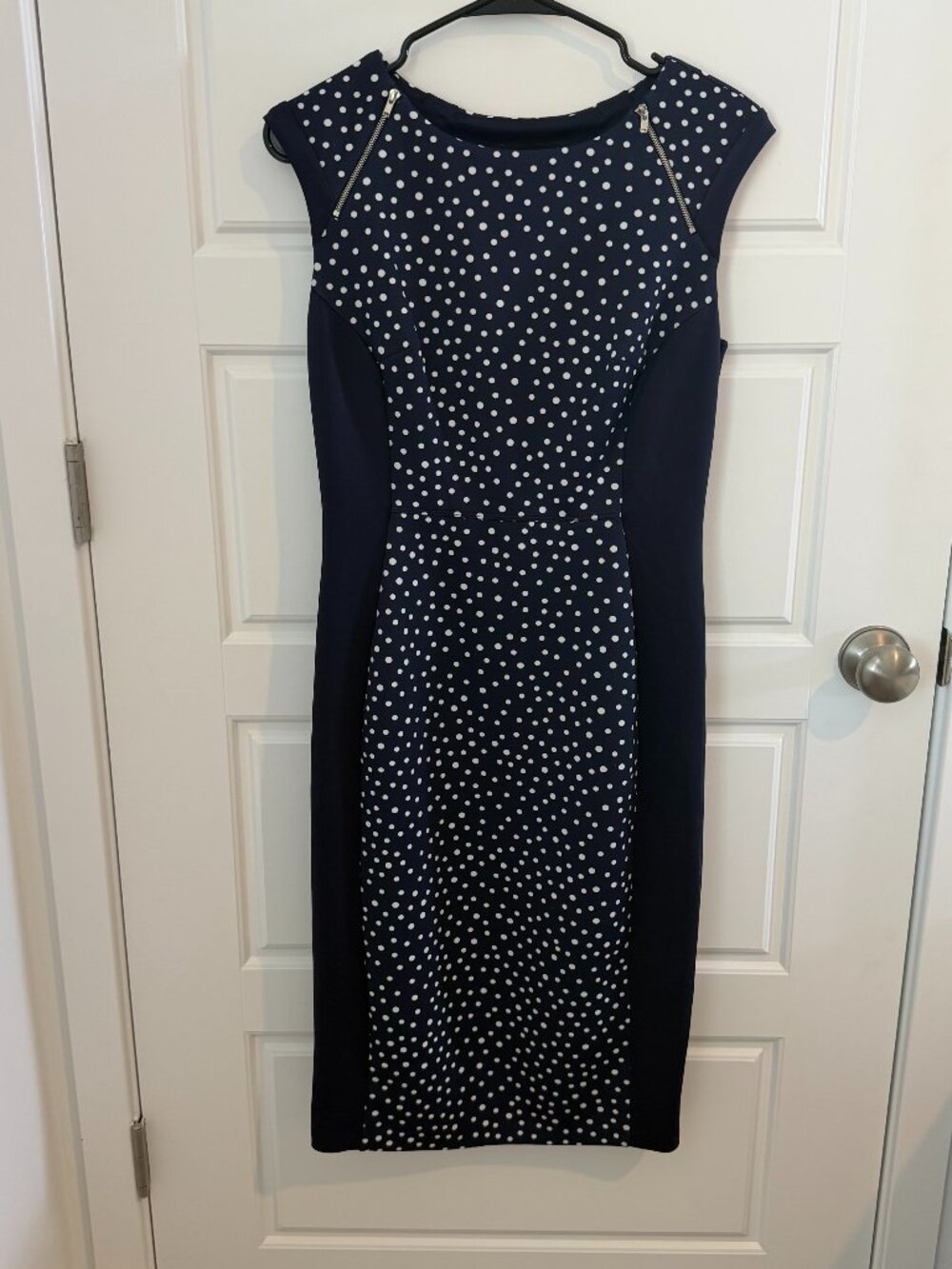 Enfocus Studio Navy White Polka Dot Sheath Dress Zip Detail Women's Size 6